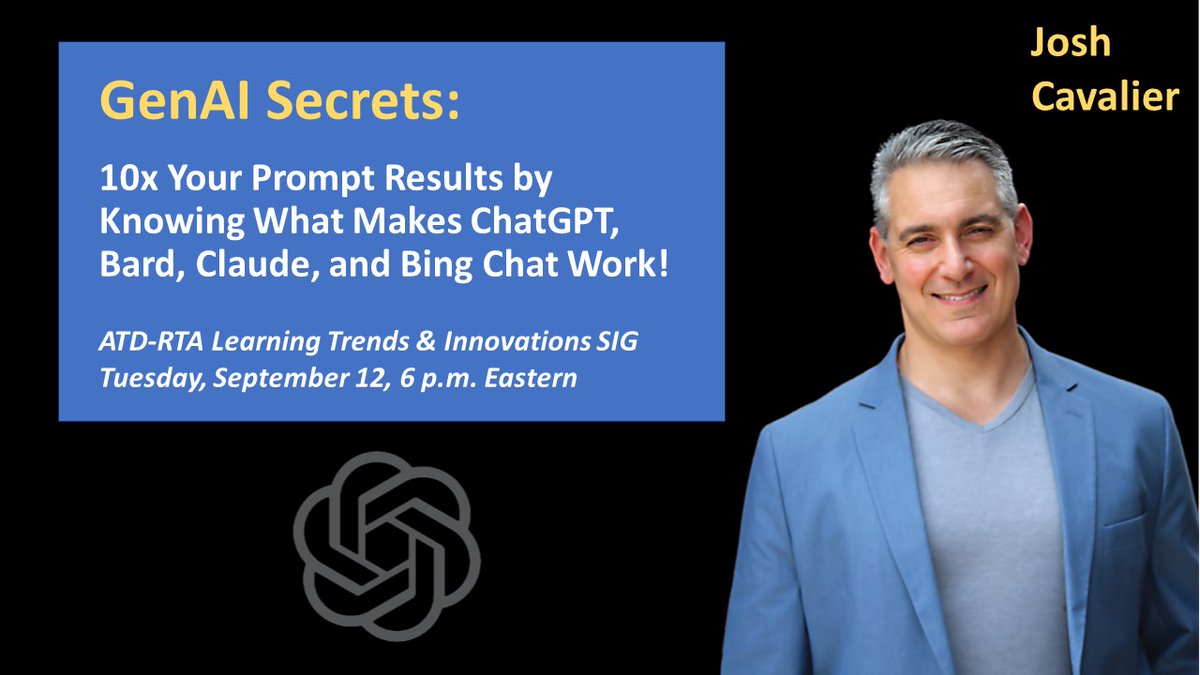 Join the ATD-RTA Learning Trends &amp; Innovations SIG on September 12th at 6 p.m. as we learn from <a href="/JoshCav/">Josh Cavalier</a> , Gen AI expert, about incorporating #AI into #instructionaldesign. Get hands-on practice with prompts and workflows. #futureoflearning  tdrta.org/event-5358992