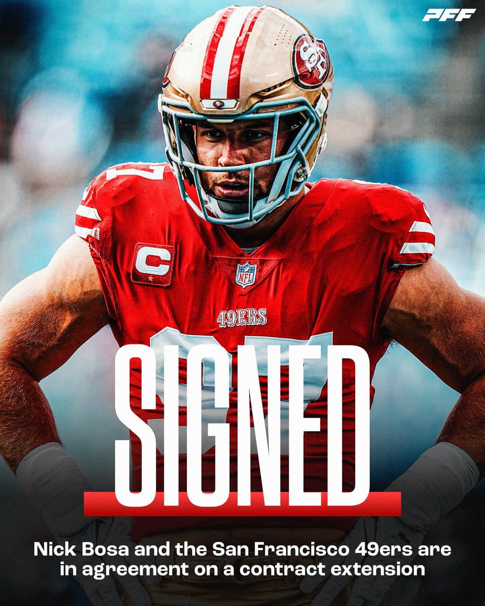 PFF (@pff) on Twitter photo 🚨 BREAKING NEWS 🚨
Nick Bosa has agreed to a five-year, $170 million extension with the San Francisco 49ers, per <a href="/AdamSchefter/">Adam Schefter</a>
He is now the highest-paid defender in NFL history 🚨 BREAKING NEWS 🚨
Nick Bosa has agreed to a five-year, $170 million extension with the San Francisco 49ers, per <a href="/AdamSchefter/">Adam Schefter</a>
He is now the highest-paid defender in NFL history