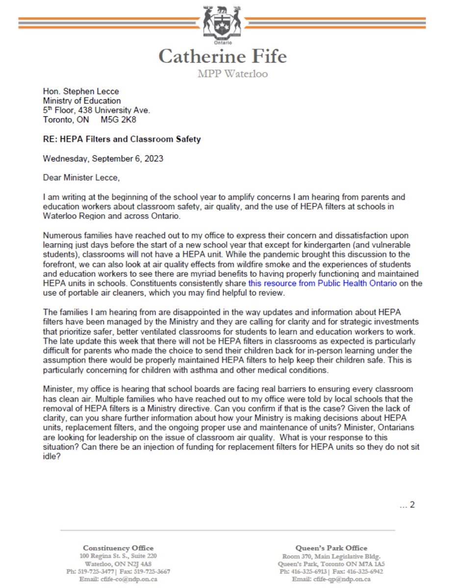 CFifeKW's tweet photo. I wrote to Minister Lecce today to amplify concerns my office is hearing from concerned parents about the removal of HEPA units from schools. It is well worth the investment to ensure students &amp; education workers are learning and working as safely as possible
#onpoli https://t.co/AQjJUIO4Oc