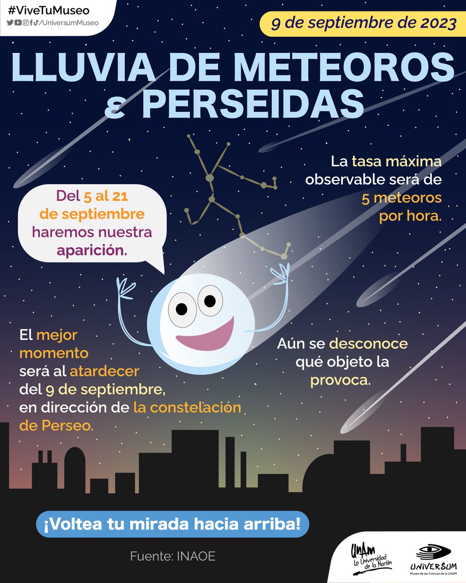¡A sacar el telescopio que tendremos lluvia de meteoros! 🔭☄️

El mejor momento para observar este evento será el 9 de septiembre al atardecer 🌇🤓

#ViveTuMuseo