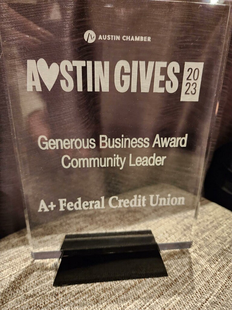 aplusfcu's tweet photo. We're excited to announce A+FCU was recognized at the Austin Gives Awards as a winner of the Generous Business Award in the Community Leader category! 🤩 Thank you @austinchamber #AustinGives #aplusfcu https://t.co/nJm9aQz0Re