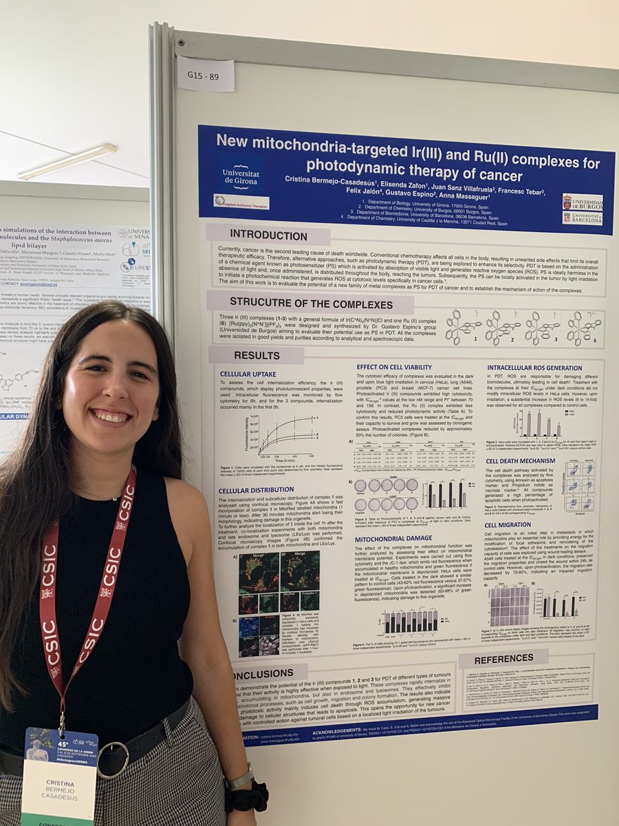 The PhD students have presented their research on #PDT and targeting strategies for drug delivery.

This is <a href="/Cristina_BC2/">Cristina Bermejo</a> and her poster about the biological properties of Ir and Ru complexes for PDT.

#45congresosebbm