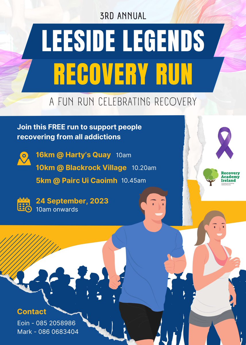 amyroche36's tweet photo. ** Please share **
A FREE 5k | 10k| 16k run in Cork city 🏃♀️🏃♂️celebrating & supporting people recovering from all addictions
info below ⬇️
#Corkdoesrecovery
#run4recovery
#Recoverymonth2023💜
#buildingrecoverycommunities
@IreRecoveryAcad
@cldatf https://t.co/qsXs5JhaqM