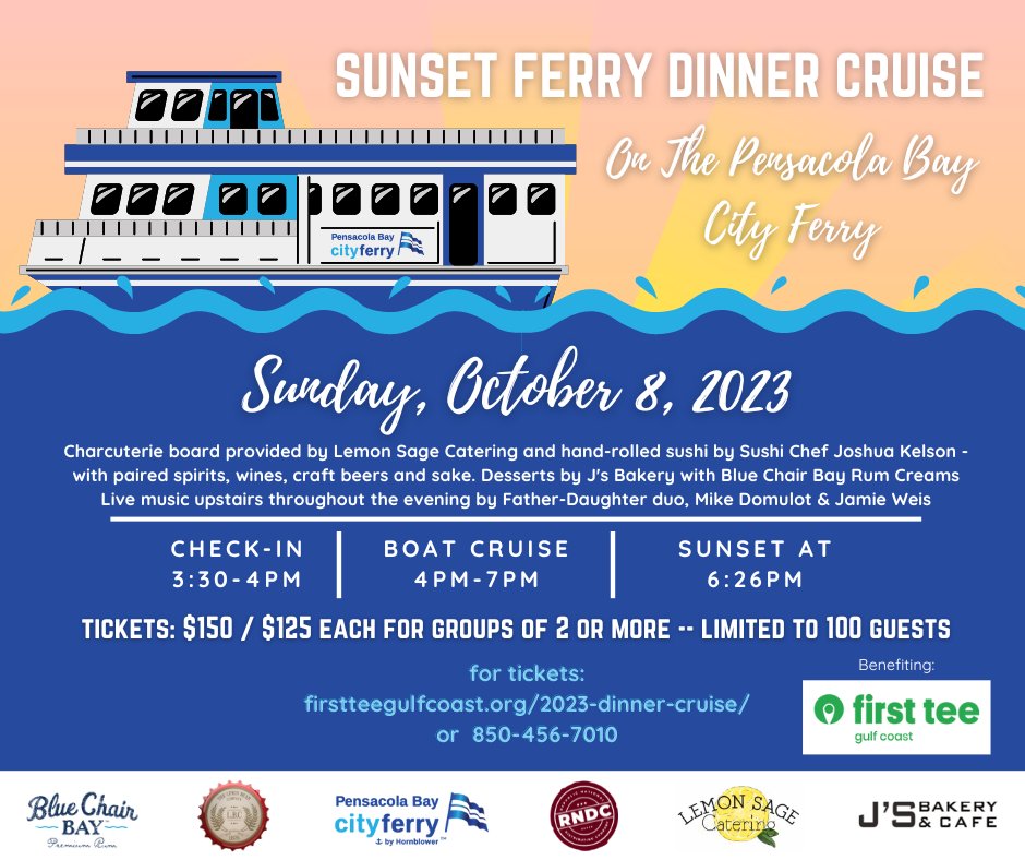 FirstTee_GC's tweet image. TICKETS AVAILABLE NOW!!

Join us for our second annual Sunset Ferry Dinner Cruise on October 8, 2023!

Get your tickets online now at firstteegulfcoast.org/2023-dinner-cr… 

#visitpensacola #downtownpensacola #dinnercruise #sunset