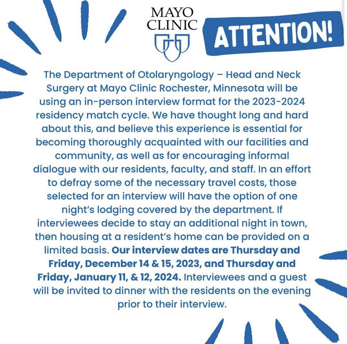 Mayo Clinic ENT Residency Program (@mayoentresident) on Twitter photo Attention applicants! 📣 Exciting news: We're going LIVE this year! Mark your calendars for in-person interview dates for the <a href="/MayoClinicENT/">Mayo Clinic ENT</a> Residency Program. Be a part of our legacy!🌟 #ENTResidency #OtoMatch #Otomatch2024 #OtoInterviewsLive #Otolaryngology #ENT #IamOto Attention applicants! 📣 Exciting news: We're going LIVE this year! Mark your calendars for in-person interview dates for the <a href="/MayoClinicENT/">Mayo Clinic ENT</a> Residency Program. Be a part of our legacy!🌟 #ENTResidency #OtoMatch #Otomatch2024 #OtoInterviewsLive #Otolaryngology #ENT #IamOto