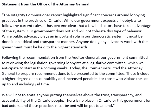 BREAKING: Ontario's Attorney General will review the provincial legislation governing lobbyists after the Auditor General found that developers were given direct influence over the Greenbelt land removal. 

A committee process will start "in the comming weeks." 

#onpoli