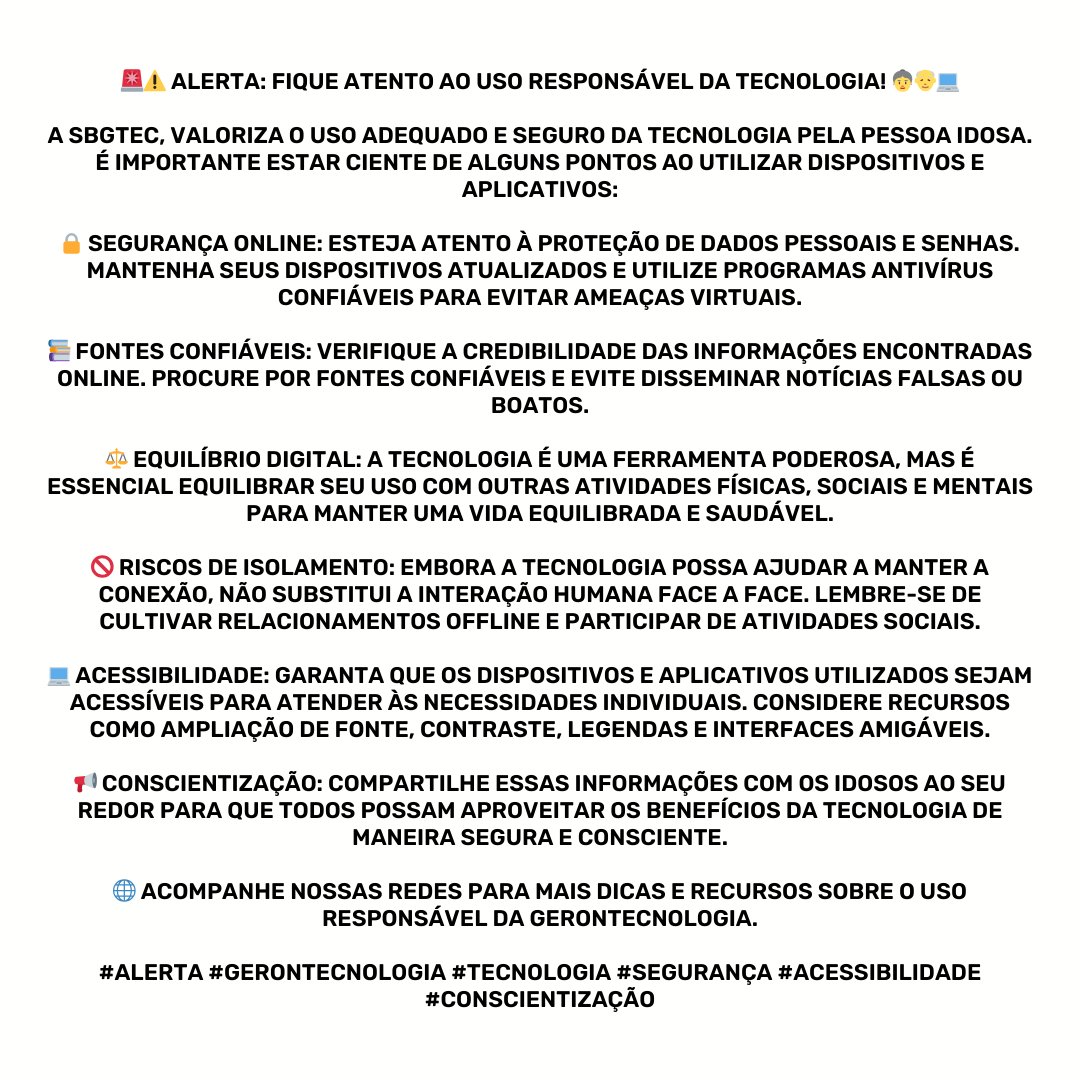 sbgtec's tweet photo. 🚨⚠️ Alerta: Fique atento ao uso responsável da tecnologia! 👵👴💻

🌐 Acompanhe nossas redes para mais dicas e recursos sobre o uso responsável da gerontecnologia.

#Alerta #Gerontecnologia #Tecnologia #Segurança #Acessibilidade #Conscientização https://t.co/paC1aelQqR