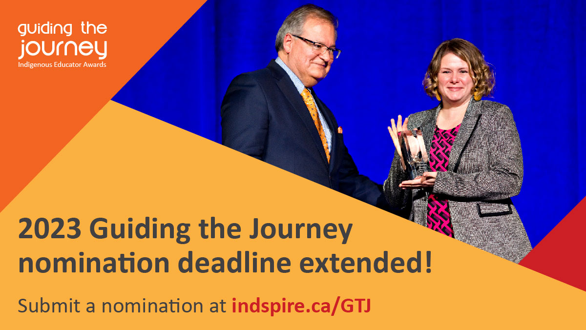 Indspire's tweet photo. 👏 Good news: you’ve got (a bit) more time to celebrate the amazing #IndigenousEducators in your life!

The deadline to nominate them for our Guiding the Journey Awards has been EXTENDED to Friday, Sept 15. 🤩

Click on the link below to get started. 👇
https://t.co/Ug35WZCOFh https://t.co/rNUz9InDGk