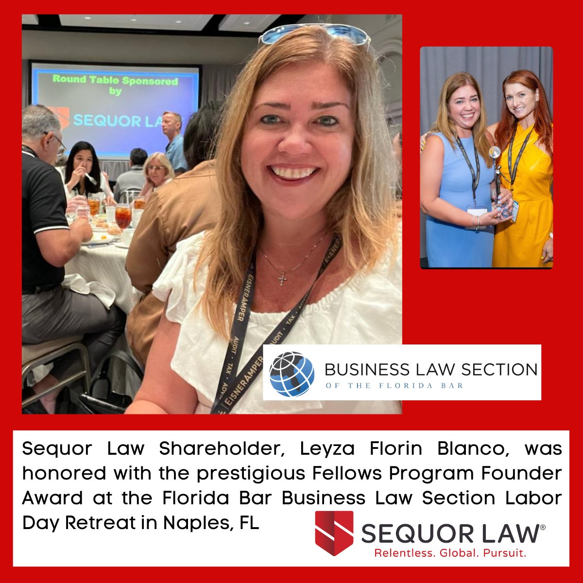 SequorLaw's tweet photo. Sequor Law's Leyza Florin Blanco earned the Fellows Program Founder Award at the 2023 Florida Bar Business Law Section Retreat. Recognized for championing diversity and mentoring in law. Sequor Law was proud to sponsor the Round Table. #FellowsProgram #FloridaBarBusinessLaw 🎉 https://t.co/9gSCETzLye