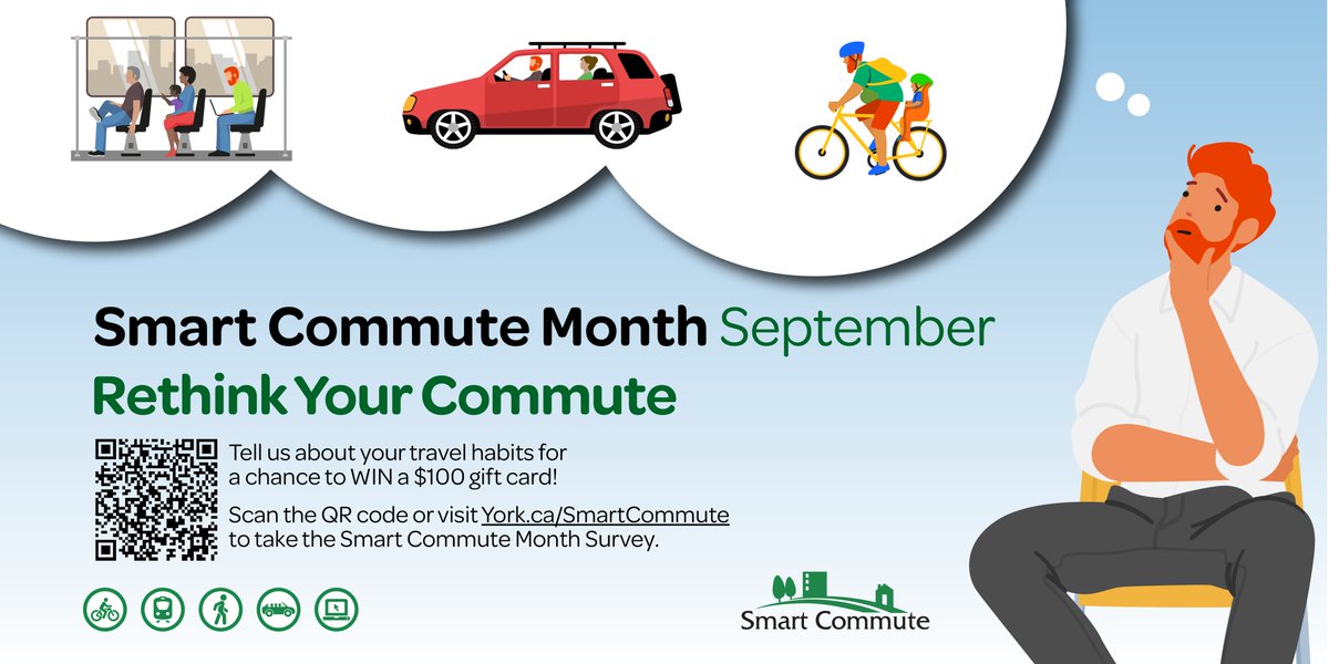 How do you travel? 🤔
Let us know and you could win a $100 gift card this #SmartCommuteMonth 🎁✨

Check out our survey at york.ca/smartcommute to enter and to find out more details about why you should Rethink your Commute this September!