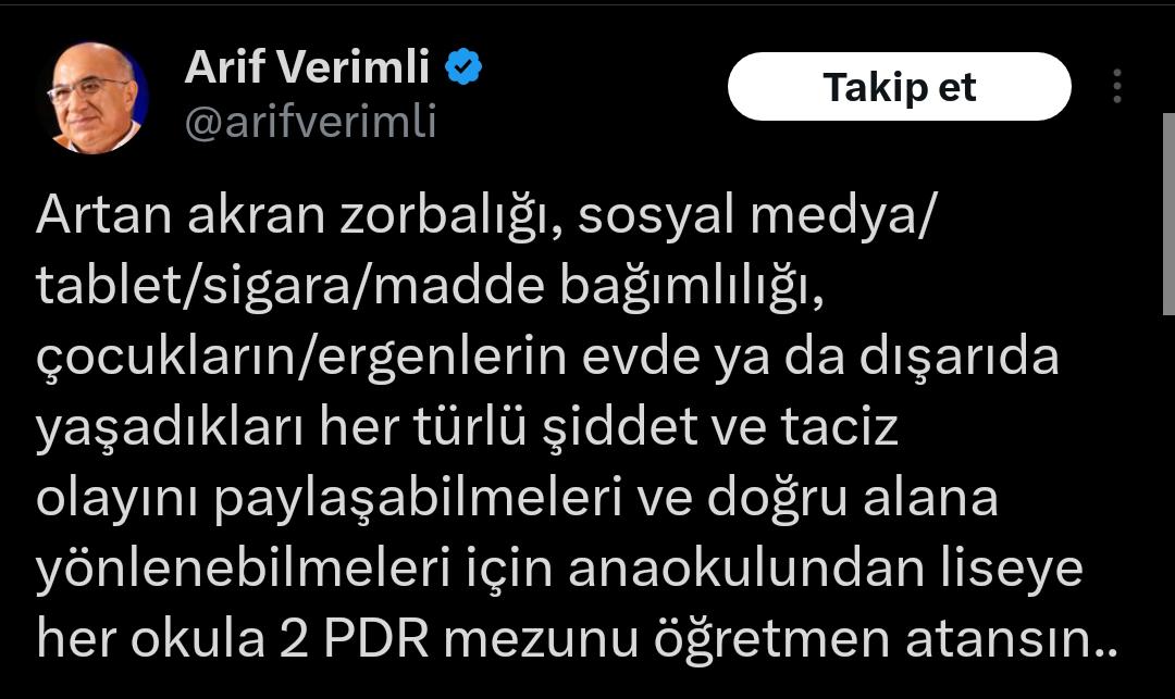 Psikiyatrist Prof. Dr. <a href="/arifverimli/">Arif Verimli</a> hocamızın yazdıkları göz ardı edilmemelidir. Çocuklarımız bizim geleceğimiz. Her türlü istismardan korumak ve istismarı önlemekle mükellefiz. Geç olmadan her okulda PDR hizmetleri verilmelidir. 
<a href="/tcmeb/">Millî Eğitim Bakanlığı</a>
#OkulPsikolojikDanışmanı