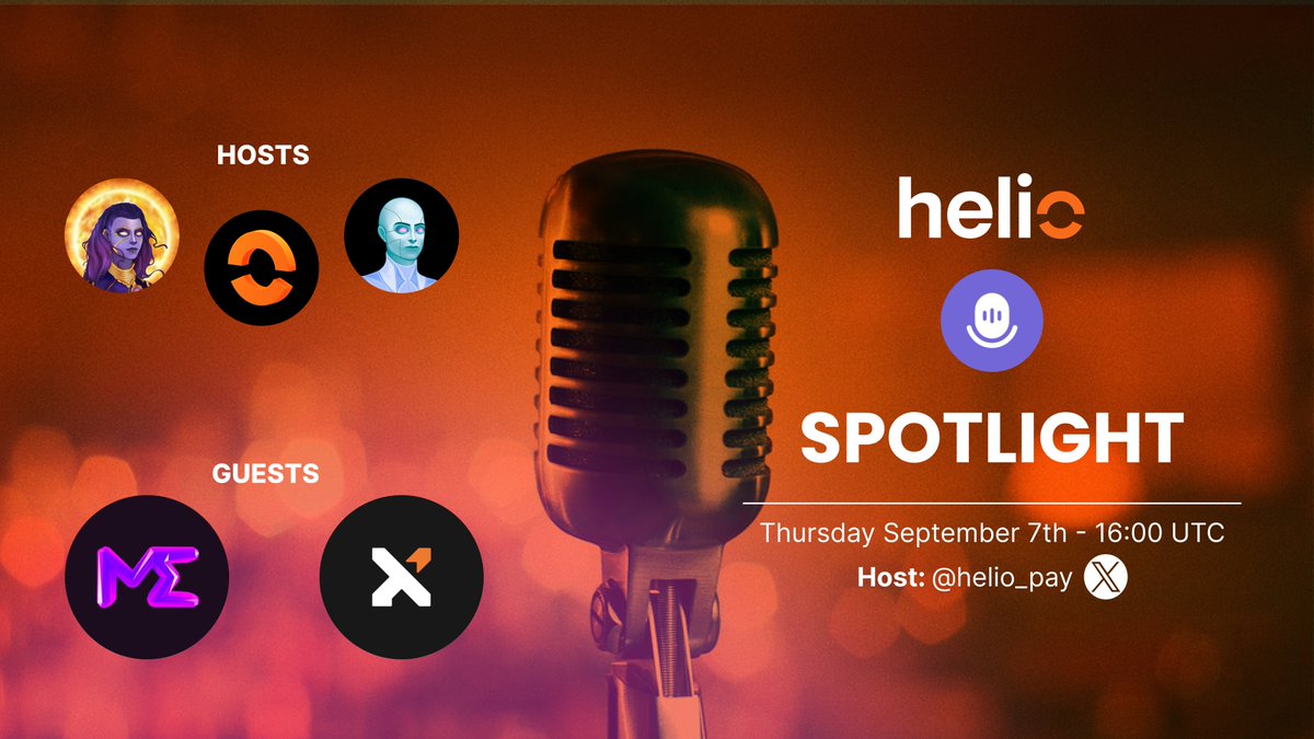 Helio (@helio_pay) on Twitter photo This week we have 2 huge guests on Helio Spotlight 🔦
Hosts
<a href="/helio_pay/">Helio</a>
<a href="/helionsNFT/">bake</a>
@8damR
Guests
<a href="/MagicEden/">Magic Eden 🪄</a> / <a href="/MEonBTC/">Magic Eden on Bitcoin 🟧</a>
@xverseApp
You don't want to miss this one....
🔔 x.com/i/spaces/1OwxW…
⏰ Thursday 7 September @ 16:00 UTC
#spaces #web3 #Bitcoin #Ordinals #NFT This week we have 2 huge guests on Helio Spotlight 🔦
Hosts
<a href="/helio_pay/">Helio</a>
<a href="/helionsNFT/">bake</a>
@8damR
Guests
<a href="/MagicEden/">Magic Eden 🪄</a> / <a href="/MEonBTC/">Magic Eden on Bitcoin 🟧</a>
@xverseApp
You don't want to miss this one....
🔔 x.com/i/spaces/1OwxW…
⏰ Thursday 7 September @ 16:00 UTC
#spaces #web3 #Bitcoin #Ordinals #NFT