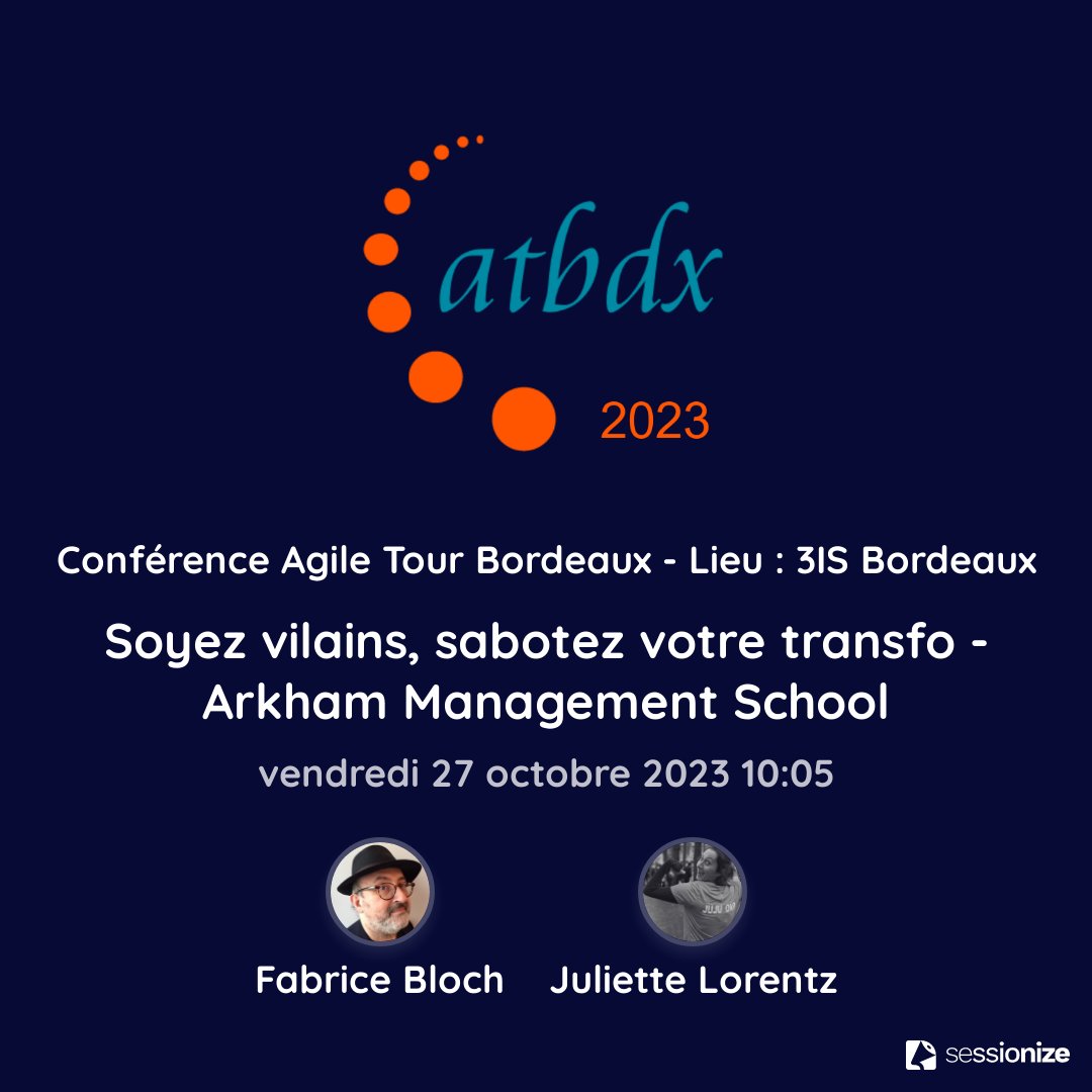 Agile Tour Bordeaux vous présente
🎙️ <a href="/AgilitatrPublic/">Fabrice Bloch</a> et Juliette Lorentz
📰 Soyez vilains, sabotez votre transfo - Arkham Management School
🛠️ Conférence
📅 27 octobre
⌚️ 10:05
Suivez-nous pour en savoir plus sur l’évènement !