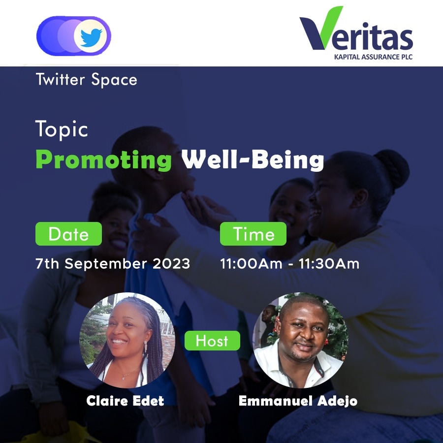 veritaskapital's tweet photo. Join us on “Promoting well-being” on Veritas Kapital Assurance plc's Twitter space.
Date: September 7th, 2023
Time: 11:00 a.m.–11:30 am
Link: https://t.co/zpfKG7ozuw
#Insurance #insurancealks #twitterspace #veritaskapital #wellbeing #promotingwellbeing #lifestyleprotection https://t.co/pLd318VjLM