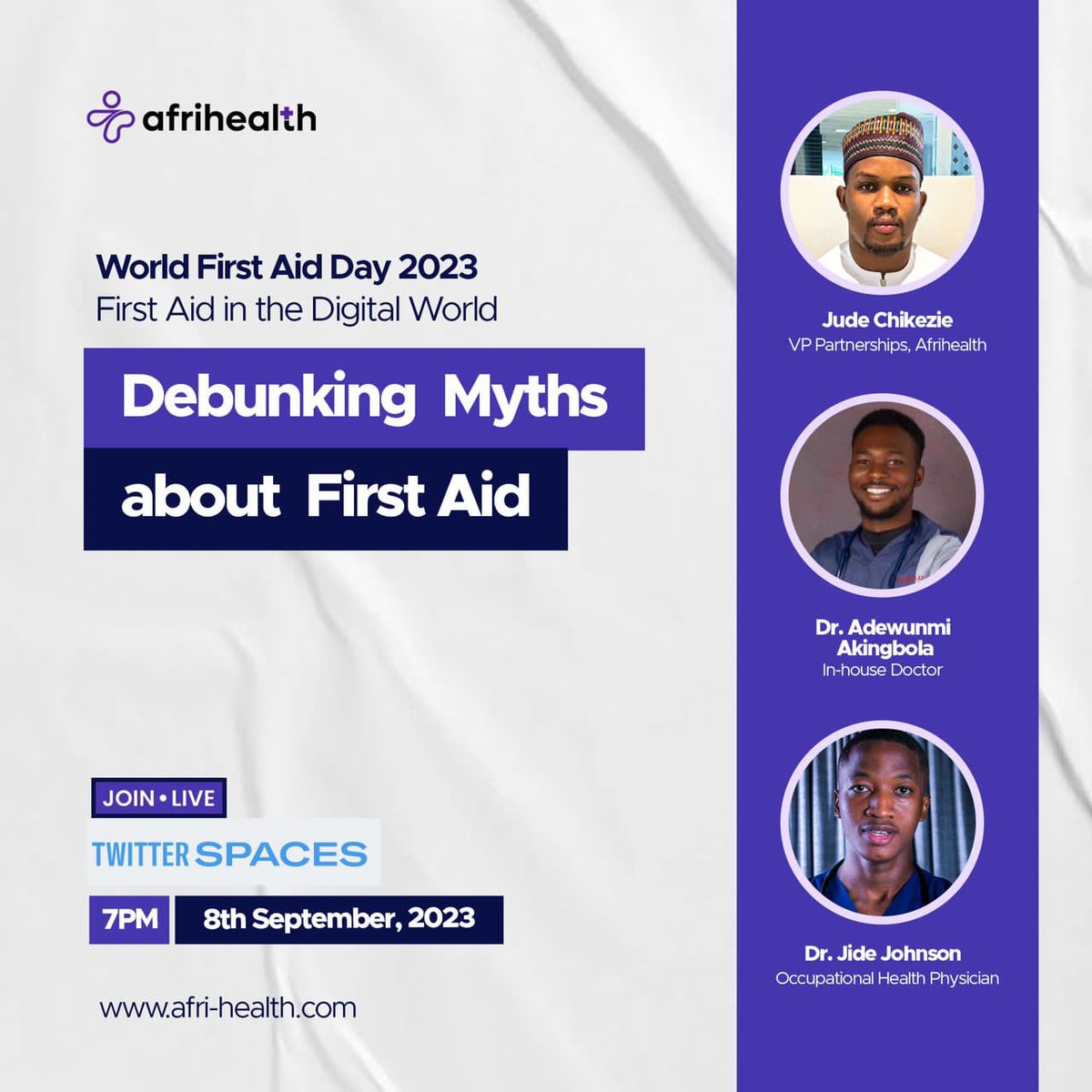 johnsonjide01's tweet image. Hi guys, In commemoration of this years World First Aid Day, I will be live as a guest speaker on Afrihealth twitter space on the 8th of September 2023. 
Endeavor to join in 👍

Signed : Dr Johnson B.O | NYRD
#worldfirstaidday #firstaid #firstaidinstructor #twitterspace#OccHealth