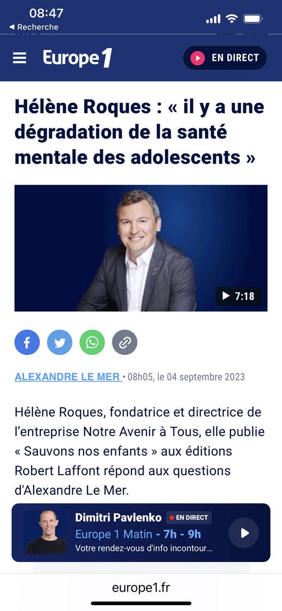 Mon interview sur Europe 1 au sujet du grave mal être des adolescents.  A l’âge du collège 17% d’entre eux sont envahis pas des idées suicidaires. ⁦<a href="/robert_laffont/">Robert Laffont</a>⁩ ⁦<a href="/j_jaures/">Fondation Jean-Jaurès</a>⁩ <a href="/essec/">ESSEC Business School</a> ⁦<a href="/IpsosFrance/">Ipsos France</a>⁩ #suicides #harcèlement #isolement #decouragement #adolescents