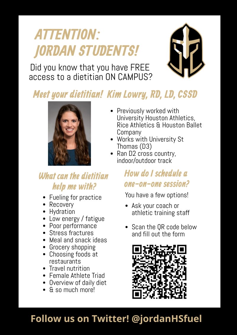 jordanHSfuel's tweet photo. Nutrition services are back at Jordan starting this FRIDAY! Students interested in improving their nutrition can scan the QR code to set up a 1:1 meeting with our dietitian. #warriornutrition https://t.co/rTnIhLLNWk