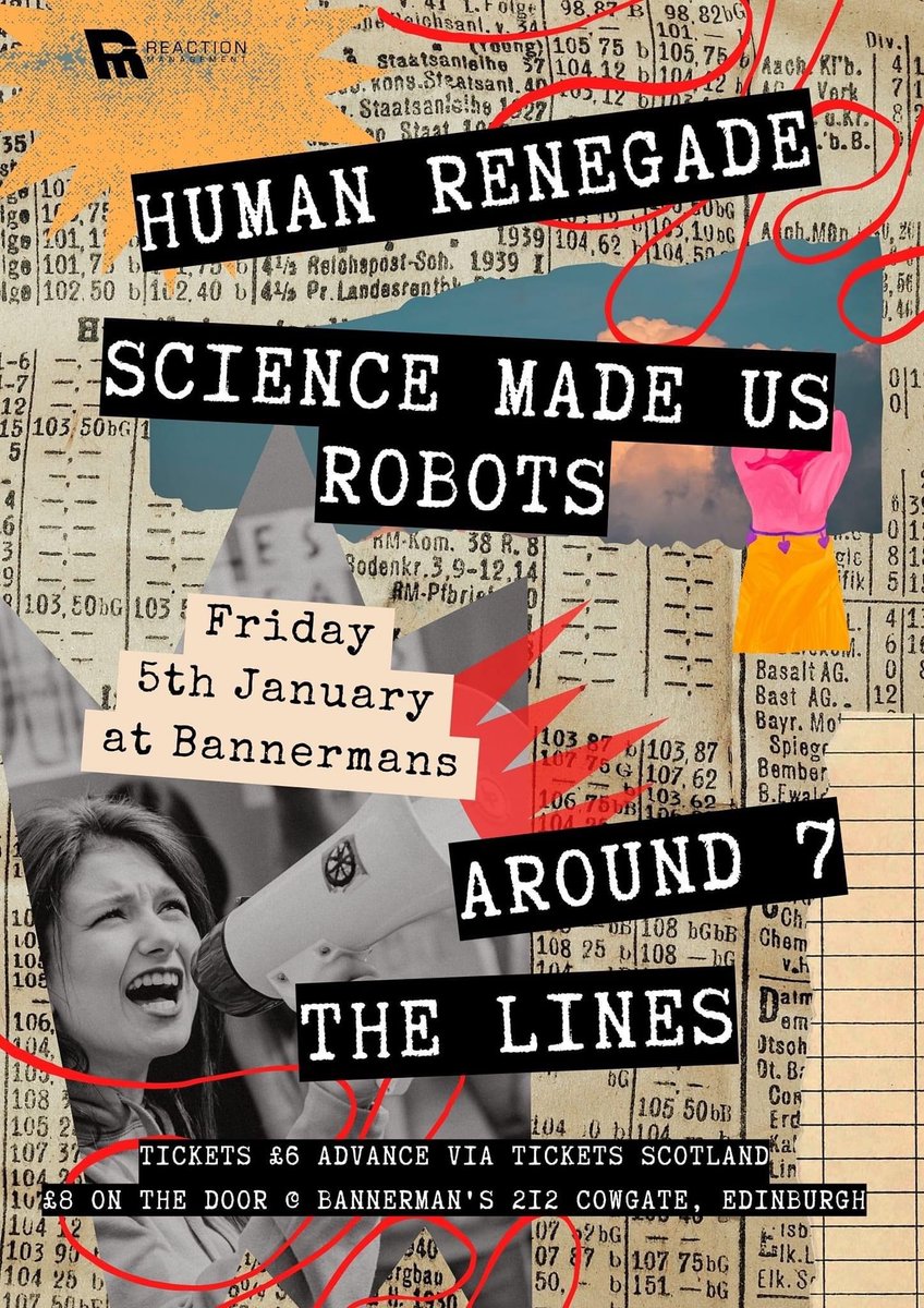 What’s that?! A @WE_ARE_REACTION 𝐄𝐃𝐈𝐍𝐁𝐔𝐑𝐆𝐇 show at @BannermansBar on 5th January?! ——— Looking forward to playing with our mates in @HumanRenegade and @sciencemadeus again and checking out @thelines.music ! Definitely not one to be missed!