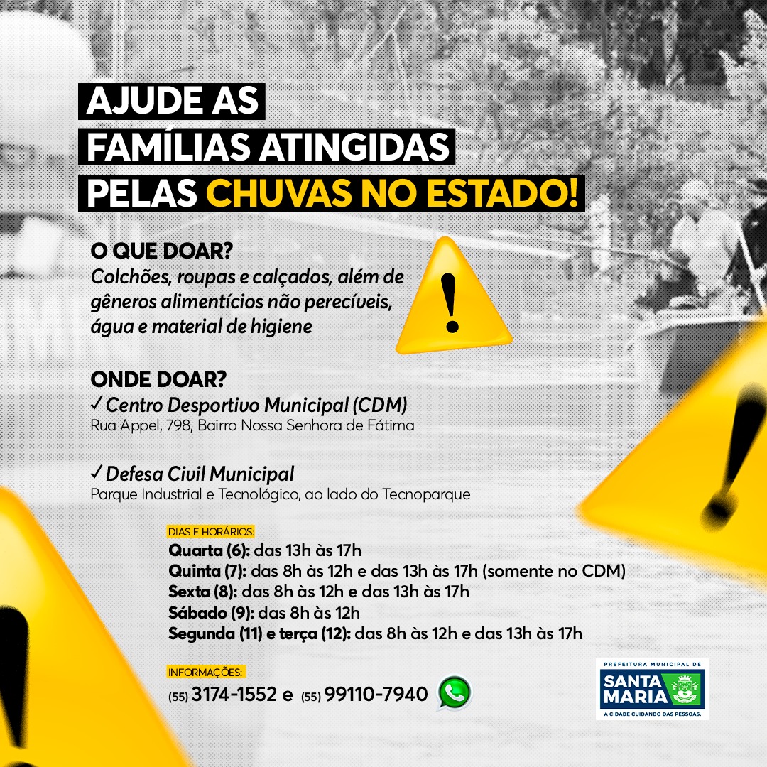 É HORA DE AJUDAR QUEM MAIS PRECISA!

📌 Vamos nos unir em uma corrente de solidariedade para ajudar as famílias atingidas pelas chuvas no Estado. 

Doe colchões, roupas e calçados, além de gêneros alimentícios não perecíveis, água potável e material de higiene. 🧥👕👟🧼🪥