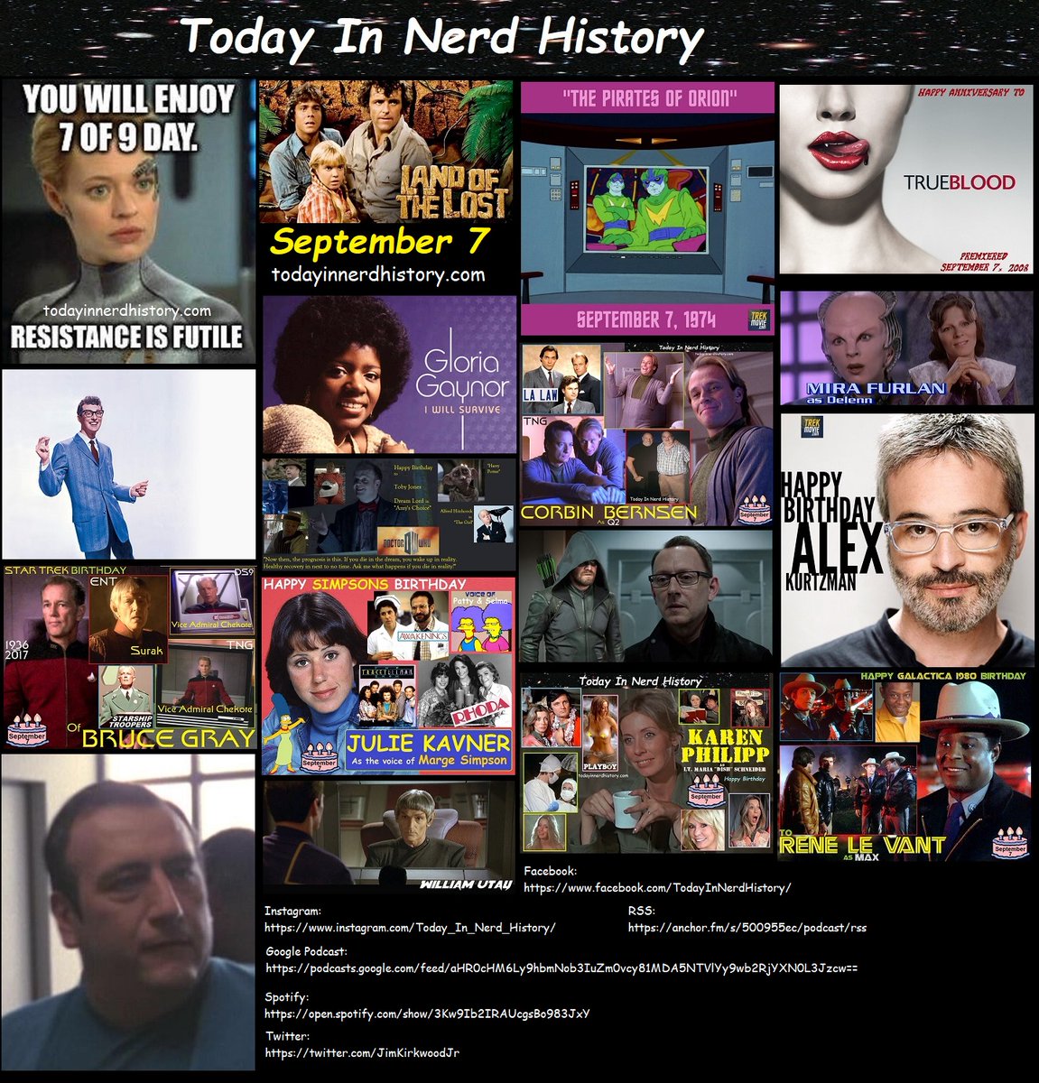 Today In Nerd History September 7
#TodayInNerdHistory #September7 #LandOfTheLost #StarTrek #TrueBlood #BuddyHolly #GloriaGaynor #CorbinBernsen #MiraFurlan #TobyJones #AlexKurtzman #BrueGray #JulieKavner #CliffSimon #MichaelEmerson #ReneLeVant 
More Info
sites.google.com/view/today-in-…