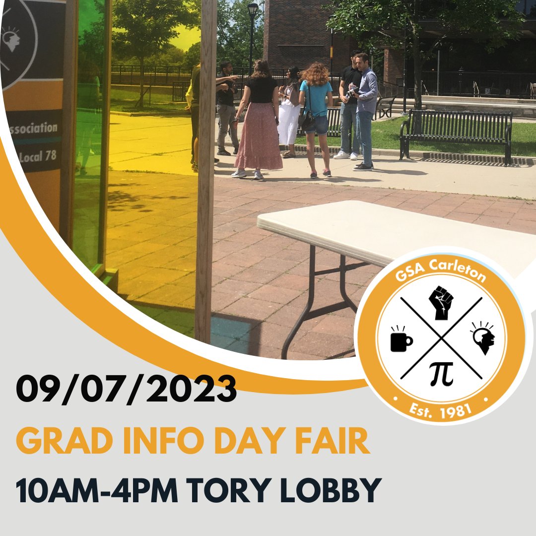 We have some Welcome Weeks Updates! The CUPE 4600 breakfast has been moved to Dunton Tower 2017 from 9am-10am. From 10am-4pm due to the weather the Grad Info Fair will be moving inside of the Tory Lobby. See you there!