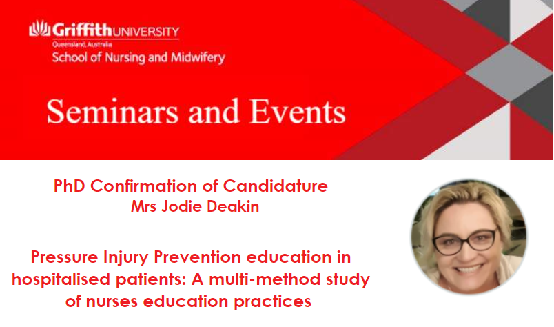 📢 Presentation Alert 📢
Tune in 🖥️ &amp; listen to JodieDeakin deliver her CoC titled: Pressure Injury Prevention education in hospitalised patients: A multi-method study of nurses education practices.
📅 21 Sept 11-12pm
📩 RSVP: j.chan@griffith.edu.au
<a href="/SharonLLatimer/">sharon latimer</a> <a href="/bgillespie6/">Prof Brigid Gillespie</a>