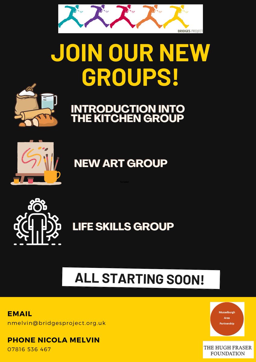 📢Spaces available on our new groups!

All starting over the next few weeks ⏳

Contact Nicola (details on poster) or DM us for more info 📨

❗️Open to young people in Musselburgh only

Our Group Programme is funded by @MusselburghAP and the Hugh Fraser Foundation ☺️