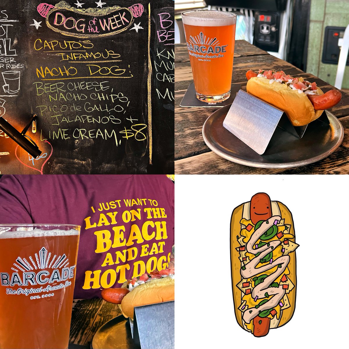 “Matt Caputo’s Infamous Nacho Dog” is an all beef Frank, topped off with housemade beer cheese, crushed nacho chips, pickled jalapeños, lime cream, and pico de gallo. ❤️🌭 #Barcade #JerseyCity #TheSausageKingOfJerseyCity