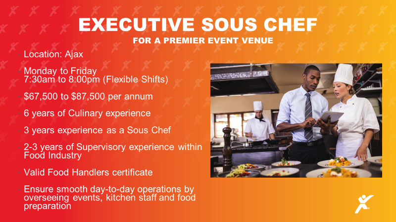 EEP_Pickering's tweet photo. Our Ajax client is currently seeking a passionate and skilled Executive Sous Chef to join their culinary team and contribute to the success of their dining operations.

As an Executive Sous Chef, you will play a pivotal role in ensuring an unforgettable... https://t.co/J5bmH8GIap https://t.co/B0wdO7cLR5