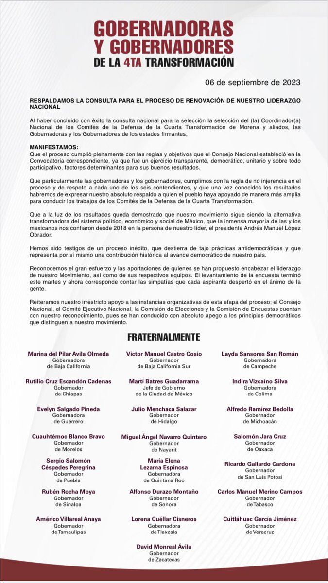 AlfonsoDurazo's tweet photo. Las gobernadoras, gobernadores y el jefe de Gobierno, respaldamos la consulta para el proceso de renovación de nuestro liderazgo nacional. https://t.co/ipDfWqcS4o