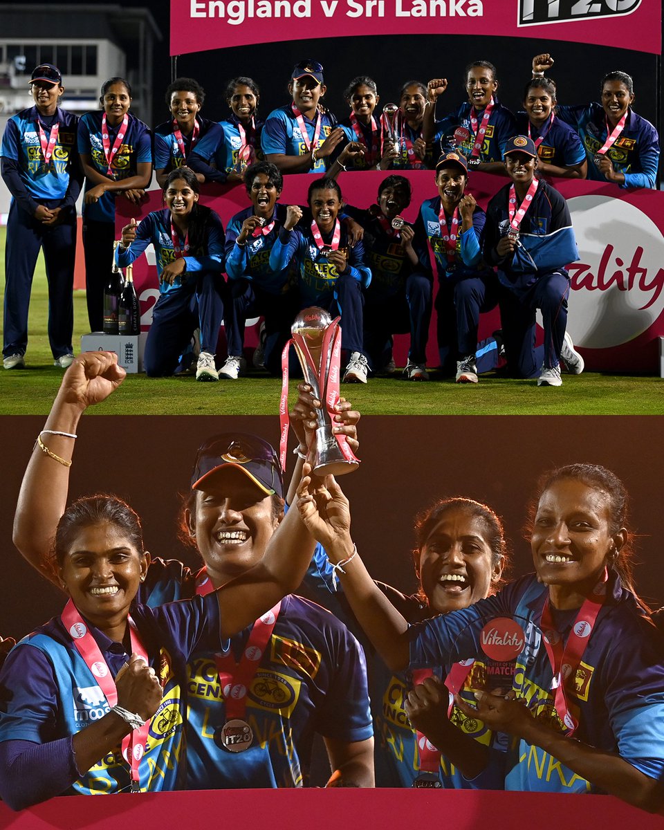 cricinfo's tweet photo. 1st T20I: lost by 12 runs (DLS)
2nd T20I: won by 8 wickets
3rd T20I: won by 7 wickets

Sri Lanka stun England with a momentous series win 🇱🇰🏆 #ENGvSL https://t.co/jkkGr017DF