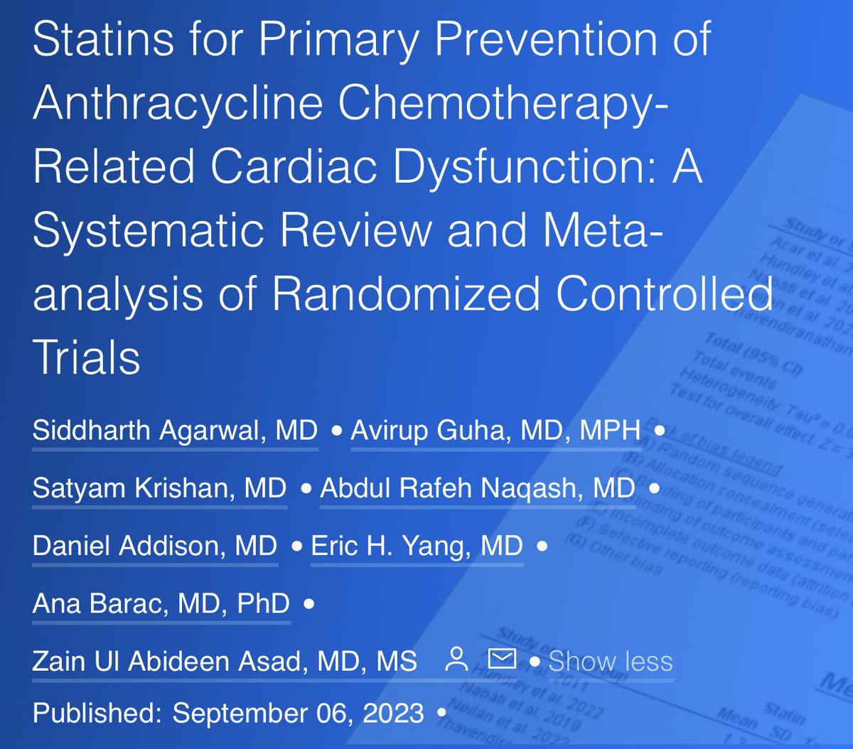 🚨🔥Excited to share our 📝 on 💊 Statins for the Prevention of Anthracycline Chemotherapy Related Cardiotoxicity💔
Extremely grateful to the guidance and mentorship of @ZainAsadEP @avirupguha @datsunian @thenasheffect @md_addison @AnaBaracCardio 
ajconline.org/article/S0002-…