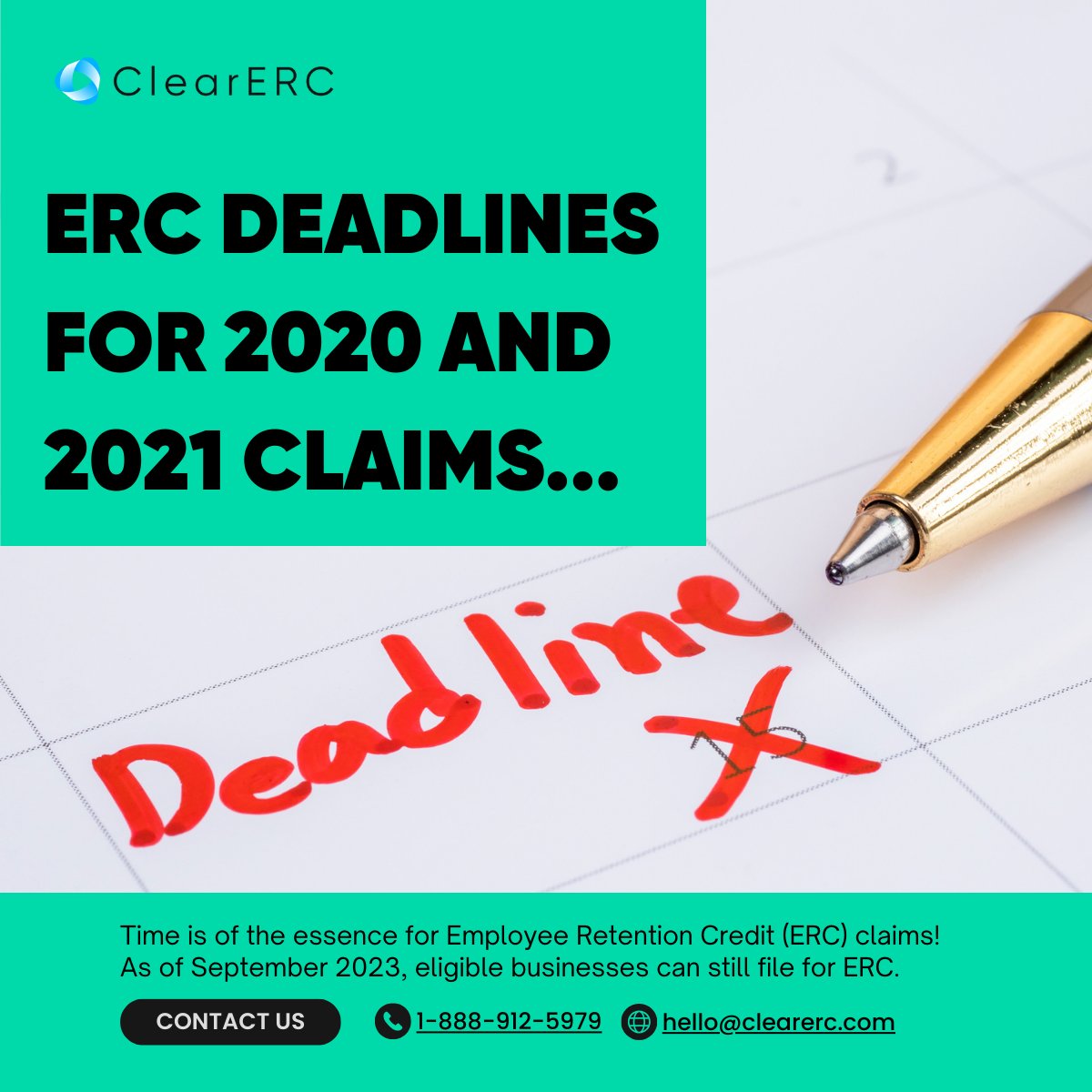 As of September 2023, eligible businesses can still file retroactive ERC claims for 2020 &amp; 2021. The deadlines are approaching: April 15, 2024, for 2020 claims &amp; April 15, 2025, for 2021 claims. Don't miss out on this opportunity for financial relief. 
👉clearerc.com/about/