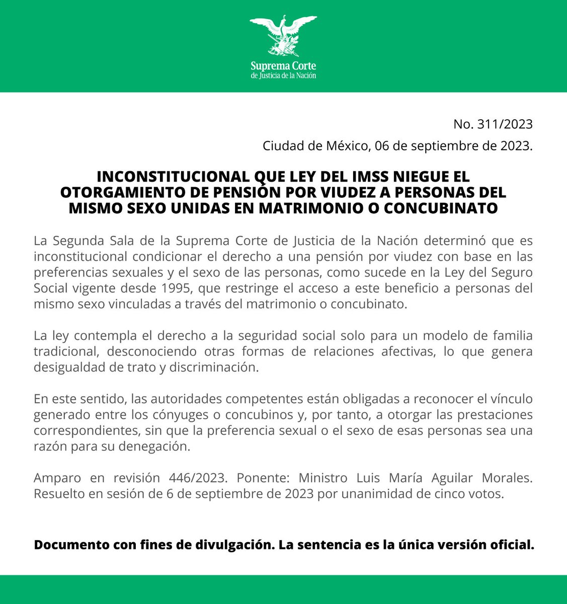 Inconstitucional que <a href="/Tu_IMSS/">IMSS </a> niegue el otorgamiento de pensión por viudez a personas del mismo sexo unidas en matrimonio o concubinato: #SegundaSalaSCJN

Boletín de prensa bit.ly/3Z9AETm