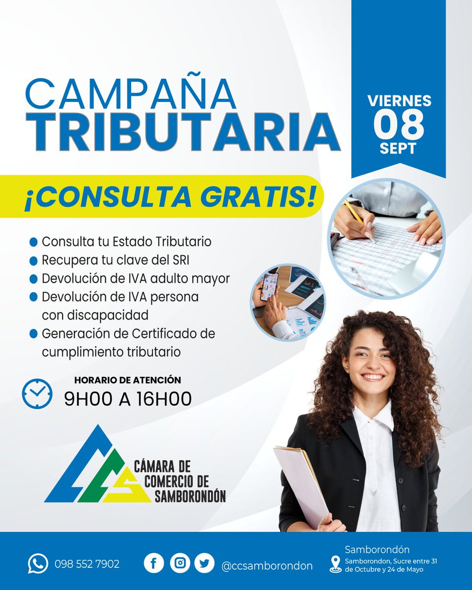 ccsamborondon's tweet photo. ¡Únete a nuestra CAMPAÑA TRIBUTARIA! Consulta Estado, recupera clave SRI, obtén devoluciones de IVA y certificados al instante. ¡No esperes más! 💰📊🔑 #CampañaTributaria #FinanzasEnOrden https://t.co/MYli4tjHZB