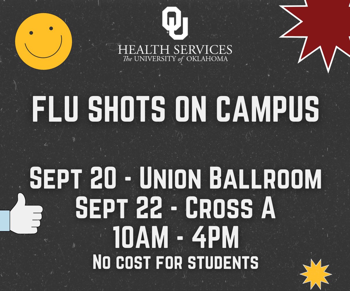 Have you seen the signs on campus yet? Flu shots are back! Mark you calendars for Sept 20 or Sept 22 to get a flu shot. All details can be found here: ou.edu/healthservices…
Fun fact: Getting your flu shot by Sept 22 means you'll have immunity before OU/TX weekend. ☝️