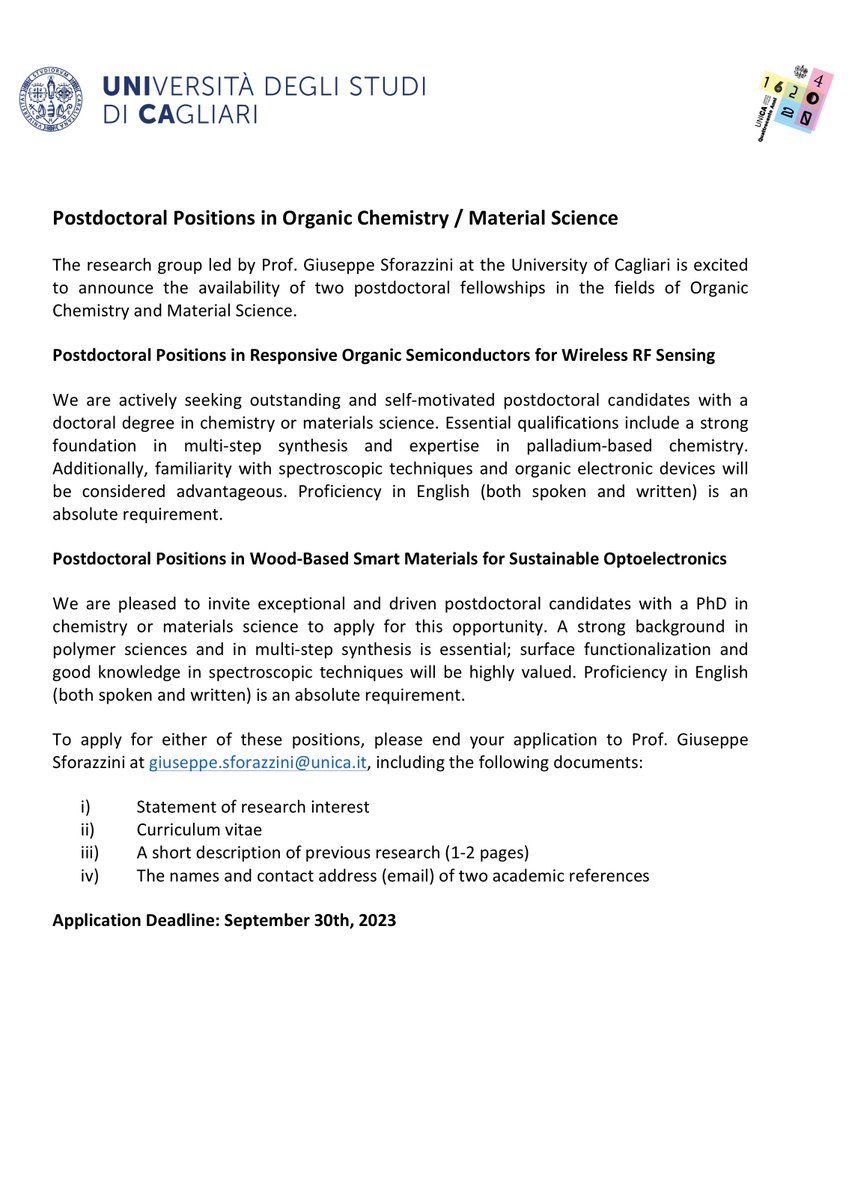 Two postdoctoral positions in the field of material chemistry are currently open within my research group. Check out the details here and help spread the word by retweeting!
#chemjobs #MaterialChemistry #ResearchOpportunity