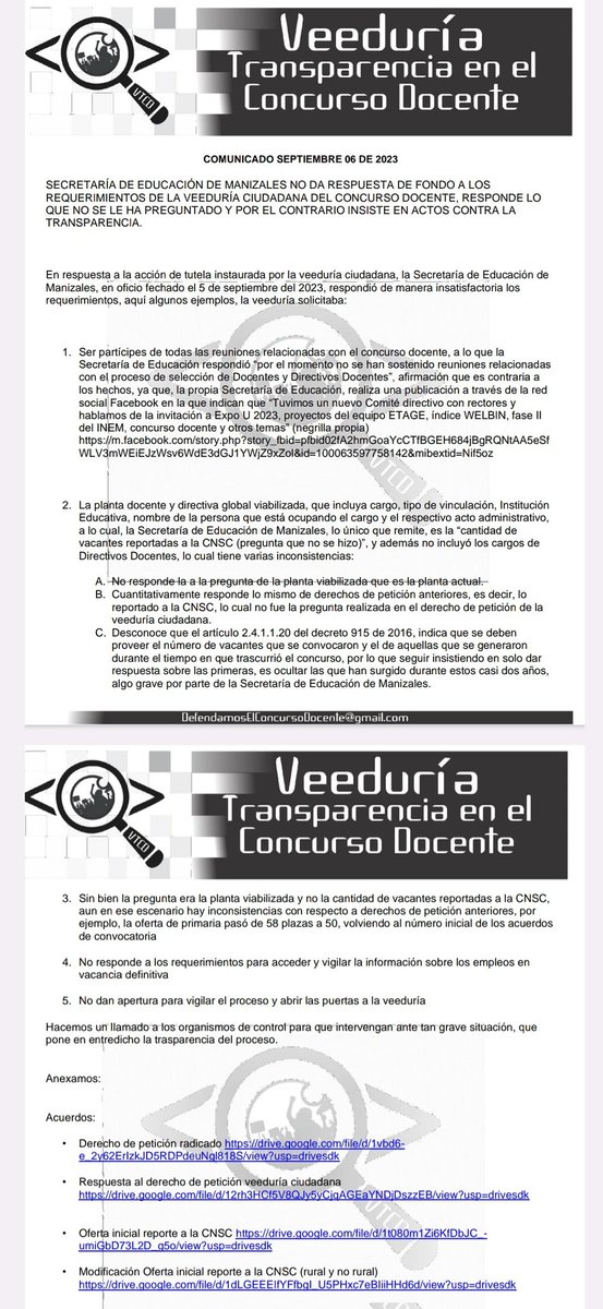 ProfeEnConcurso's tweet photo. @SecEducacionMz no da respuesta de  fondo a los requerimientos de la veeduría ciudadana del #ConcursoDocente, responde lo que no se le ha preguntado y por el contrario insiste en actos contra la transparencia.
Hacemos un llamado a @persomanizales y @PGN_COL https://t.co/K5alMcqWZk