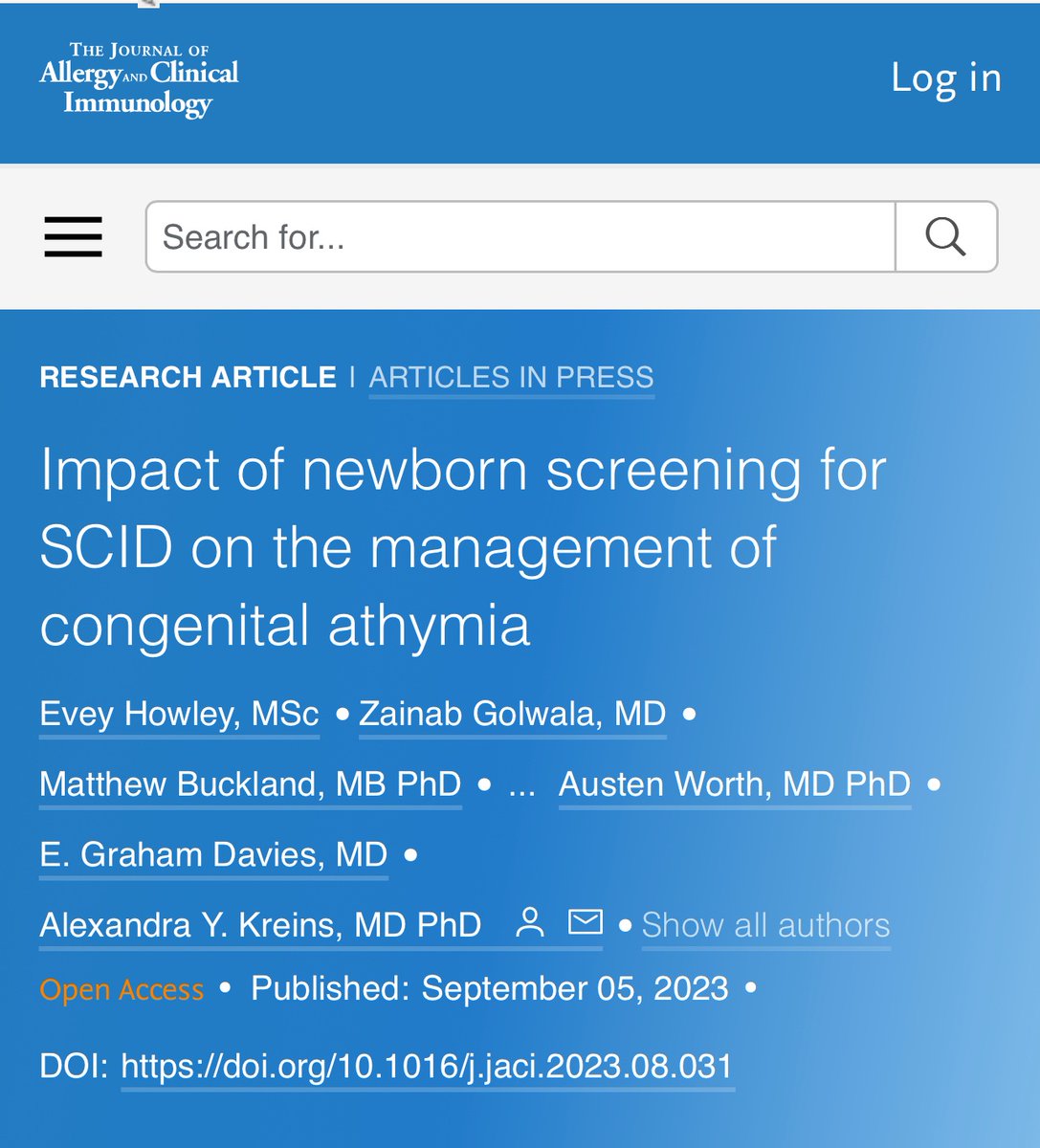 Our paper on the impact of #SCID #newbornscreening on management of  #athymia is online: 
👉 tinyurl.com/mr3h8mhb 
We report better outcomes in patients identified early through #NBS,  when  early #thymus #transplantation is possible (including better immune reconstitution)!