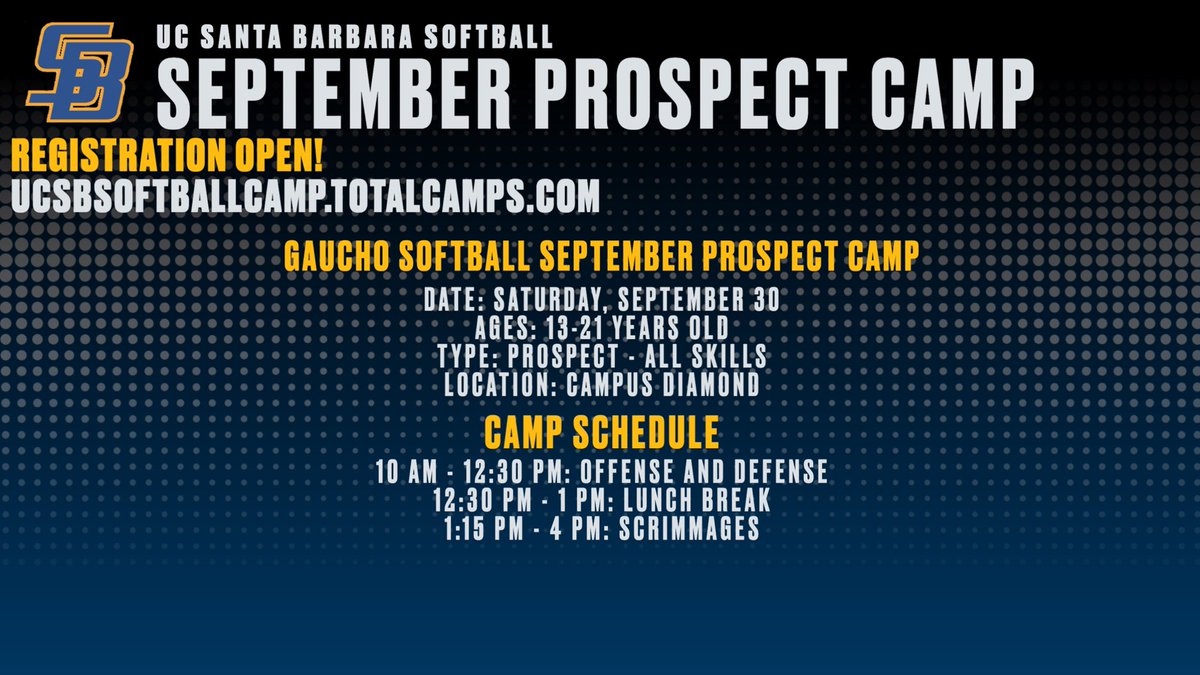 We still have some spots available for our September Prospect Camp! Visit ucsbsoftballcamp.totalcamps.com to sign up today! #GoGauchos