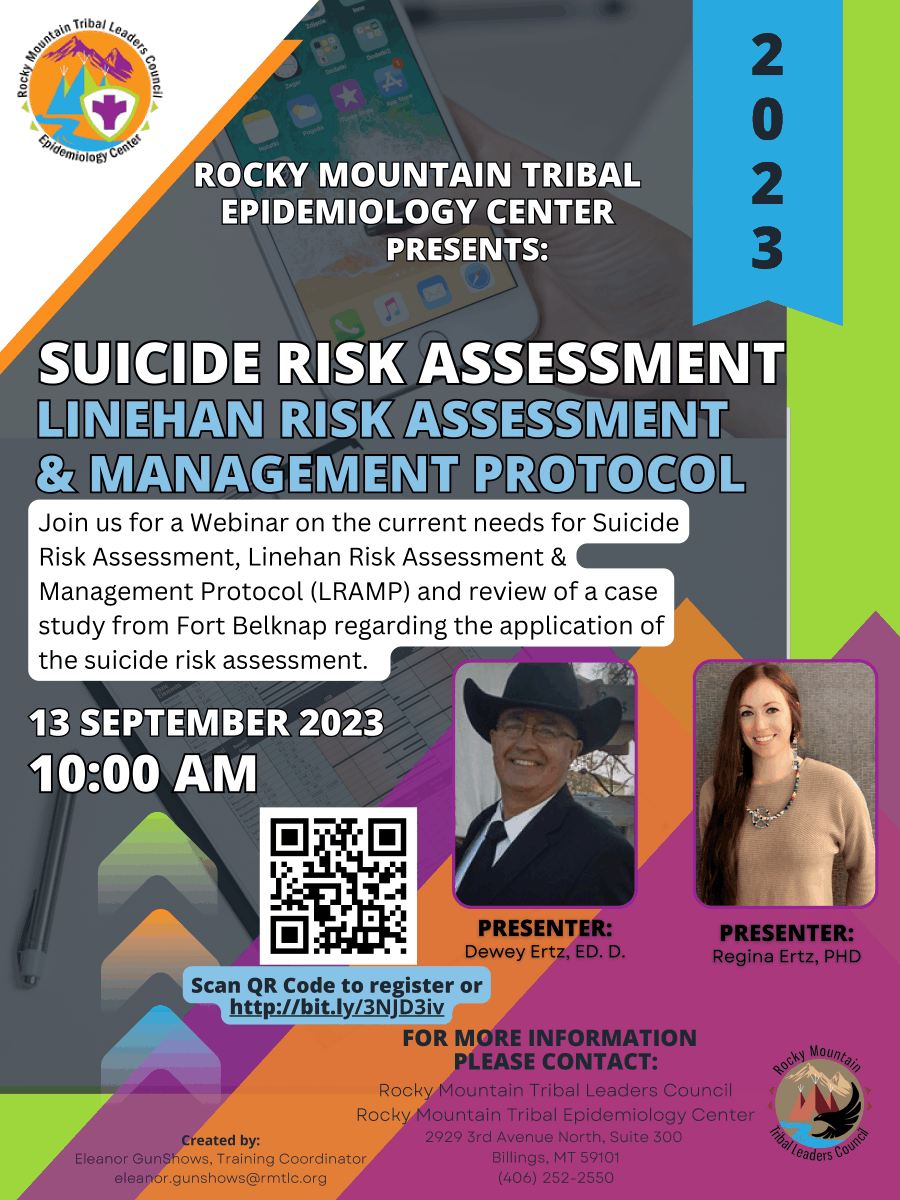 RMTLC's tweet photo. Join us for a Webinar on the current needs for Suicide Risk Assessment, Linehan Risk Assessment &amp; Management Protocol (LRAMP) and review of a case study from Fort Belknap regarding the application of the suicide risk assessment.

Register here: https://t.co/v6CG0qtBhX https://t.co/k4sx1xcXyu