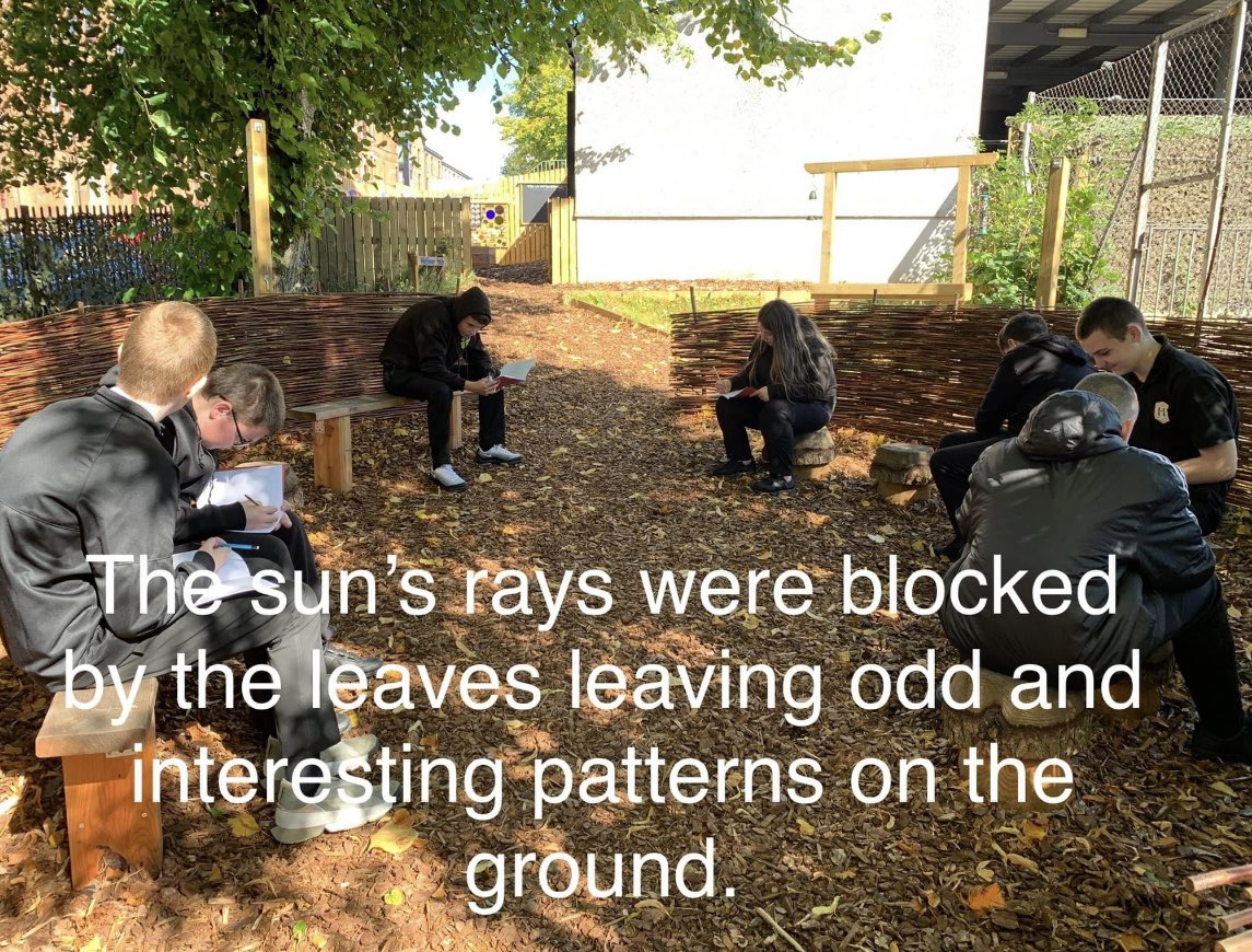 National 4 English used the sensory garden for inspiration with their creative writing this week. Here are some of their beautiful words. 
#outdoorlearning #creativity  #lfs