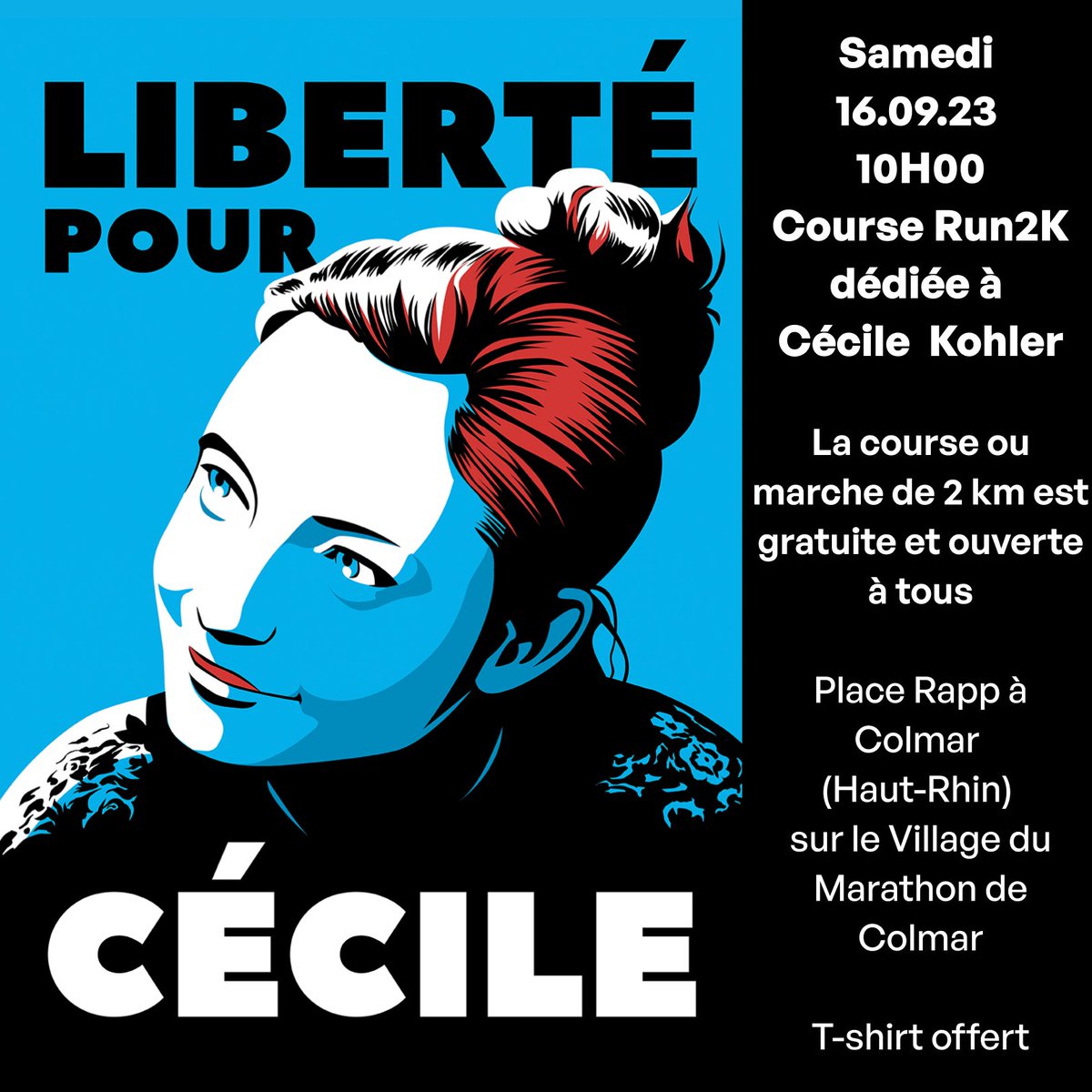 Le 16.09.2023 à 10h, la course Run2K à Colmar sera dédiée à Cécile Kohler, professeure de français, détenue en Iran depuis 16 mois. Course/marche de 2 km gratuite et ouverte à tous sans inscription. Venez nombreux pour nous soutenir ❤️
paysdecolmarathletisme.fr
#LibertépourCécile