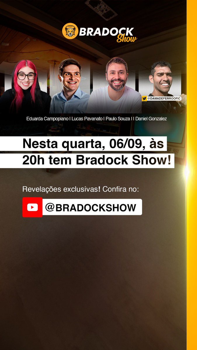 DamaDeFerroTV's tweet photo. Às 20h tem @BradockShow
Com @DudaCampopiano @lucaspavanato #PauloSouza e nosso sócio e articulista @DaniMYGonzalez https://t.co/uZyGzqYcaK