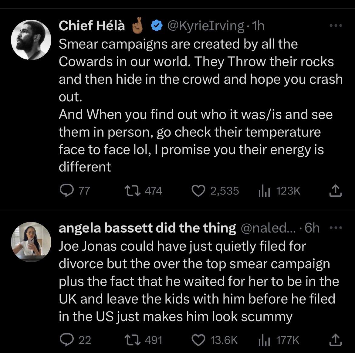 choosing to believe that Kyrie is heavily invested in the Jonas brothers divorce drama