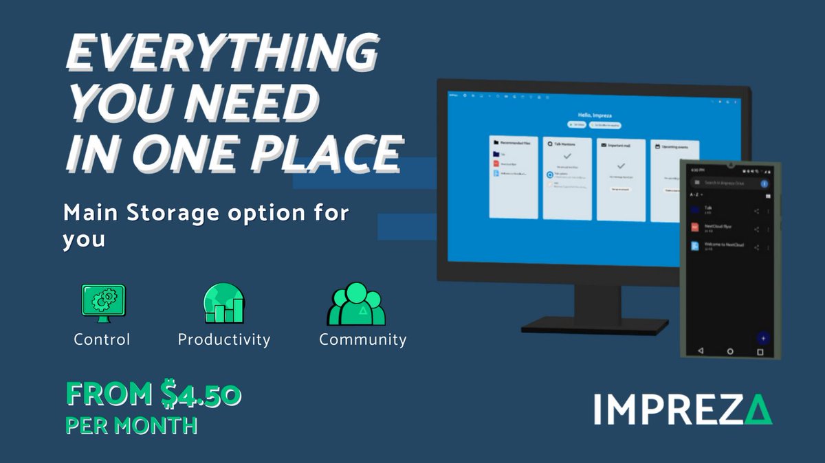 ImprezaHost's tweet photo. IMPREZA DRIVE: https://t.co/MvBAnlaJoF
-
-CONTROL
-PRODUCTIVITY
-COMMUNITY

From $ 4.50 Per Month

#ImprezaDrive
#CloudBackup
#DataProtection
#OnlineSecurity
#SecureStorage
#AutomaticBackup
#ConfidentialCloud
#EfficientBackup
#DigitalPeaceOfMind https://t.co/o7HnsJvOVG