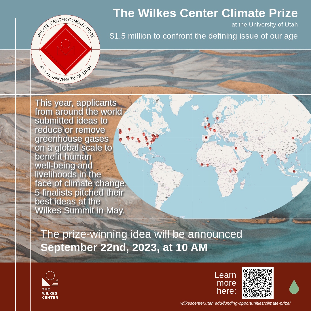 The prizewinning project for the Wilkes Center Climate Prize at the University of Utah will be announced September 22nd! Learn more about the five finalists here: attheu.utah.edu/facultystaff/f… #WilkesPrize #ClimateSolutions