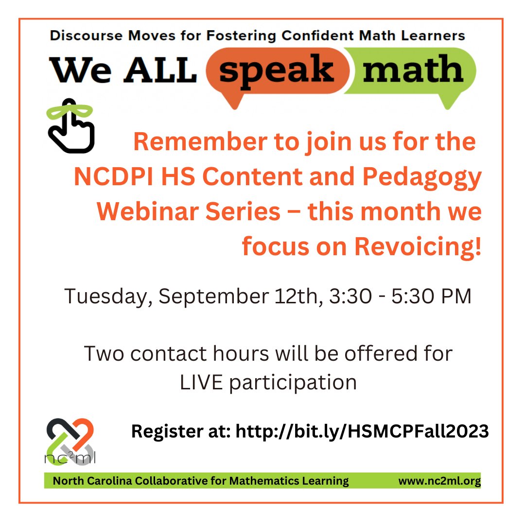 Mark your calendars! Join us for this month's NCDPI HS Content and Pedagogy Webinar! It will be focused on the discourse move of the month- revoicing and asking students to revoice. #matheducation #iteachmath  #mathisfun #BacktoSchool <a href="/DPIMath_Science/">DPIMath_Science</a> <a href="/NCCTM1/">NCCTM</a> <a href="/AMTE_NC/">AMTE-NC</a> <a href="/NCCATNews/">NCCAT News</a>