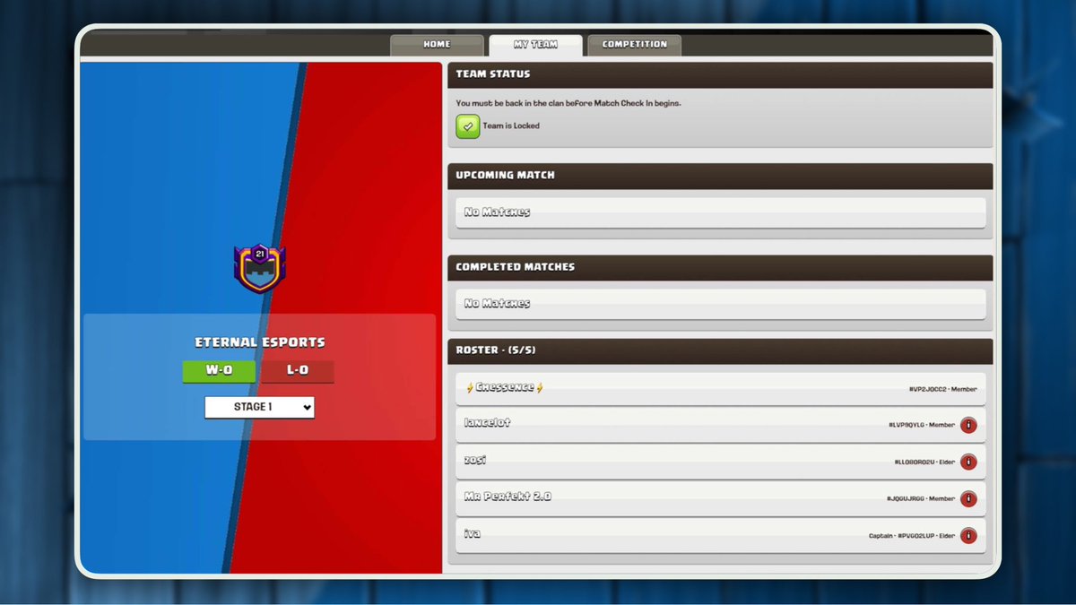 Eternal eSports is ready for #ClashWorlds!

⚔️Lineup:
🔹<a href="/Chessence_coc/">Chessence</a> 
🔹<a href="/iva__CoC/">iva</a> 
🔹Mr. Perfekt
🔹lancelot
🔹zosi

#eTeOP | #ForEternity