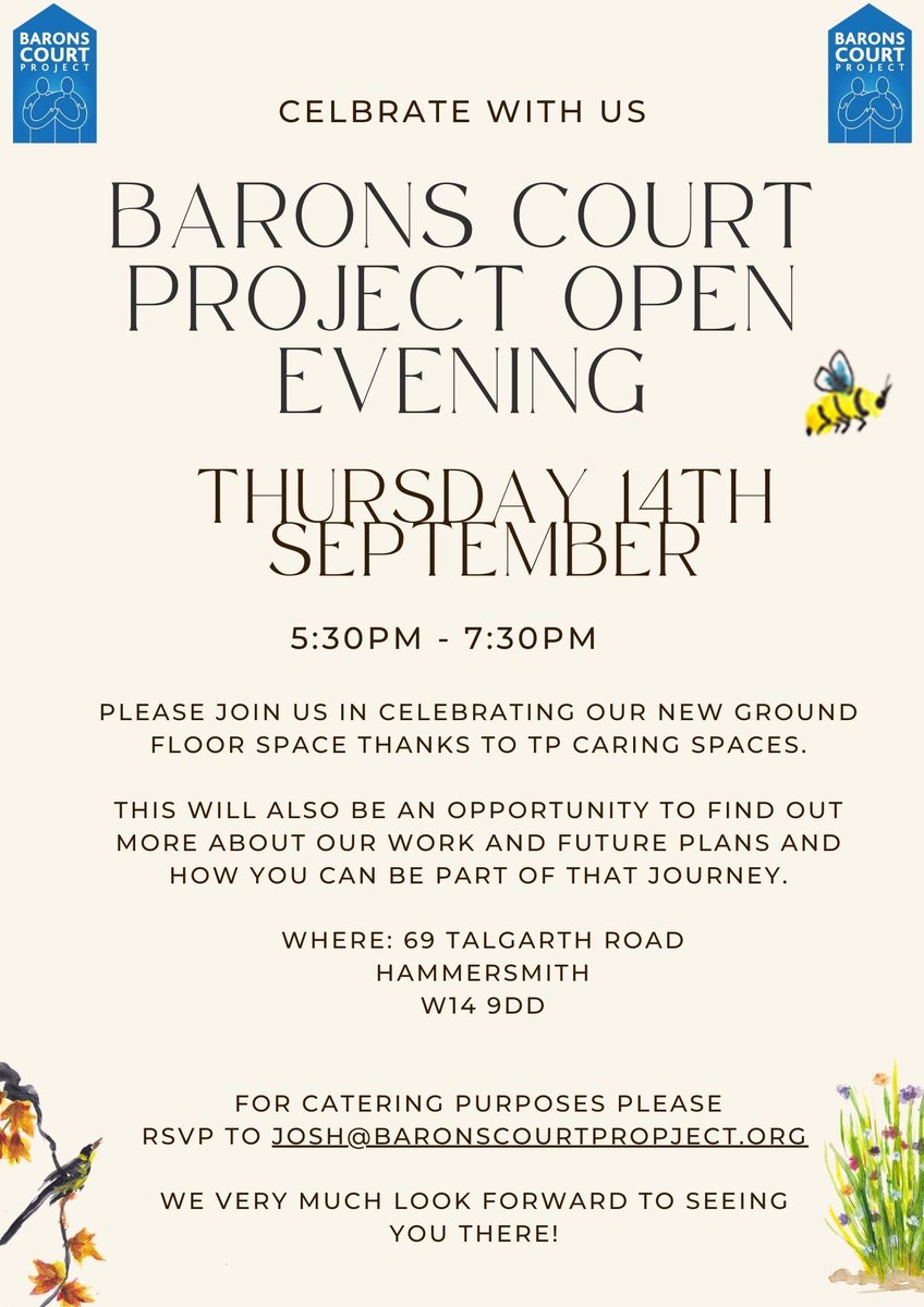 We are holding our last Summer Open Evening event next week.
If you’d like to come to Barons Court Project &amp; find out more about our purpose &amp; what we do, then please come. You will also get to see our beautiful new spaces.Please RSVP for catering purposes, so we can feed you!
